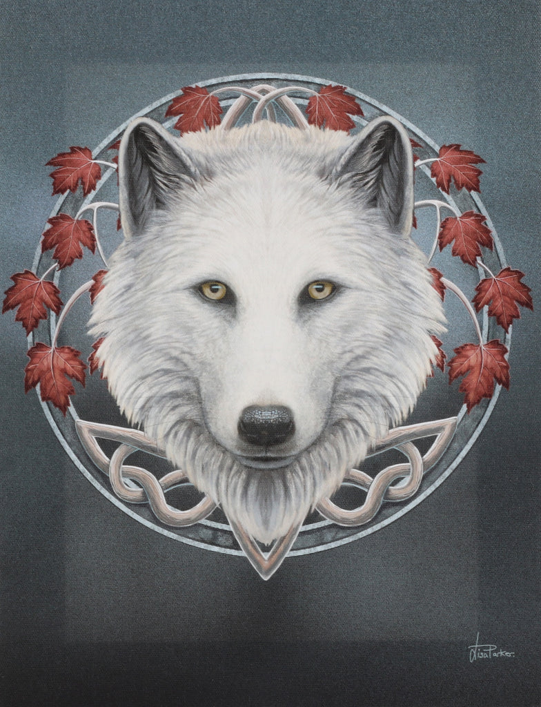 WP464LP-Guardian of the Fall White Wolf Canvas Art Print by Lisa Parker Canvas Art Prints at Enchanted Jewelry & Gifts