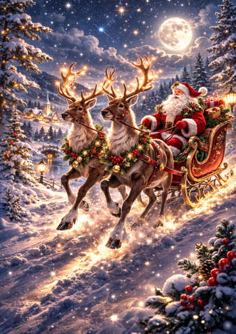 Santa's Moonlit Ride Yule Card by Julian Fenwick