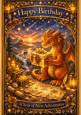 Year of New Adventures Quest Birthday Card by Runa Wolfden