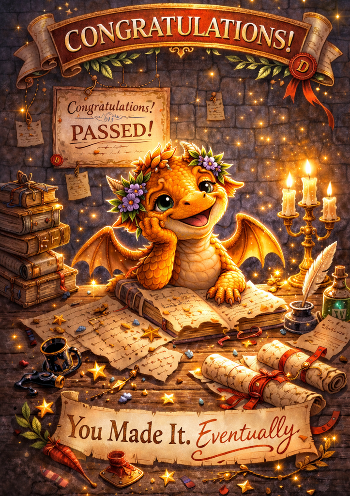 Passed! You Made It...Eventually Congratulations Card by Runa Wolfden