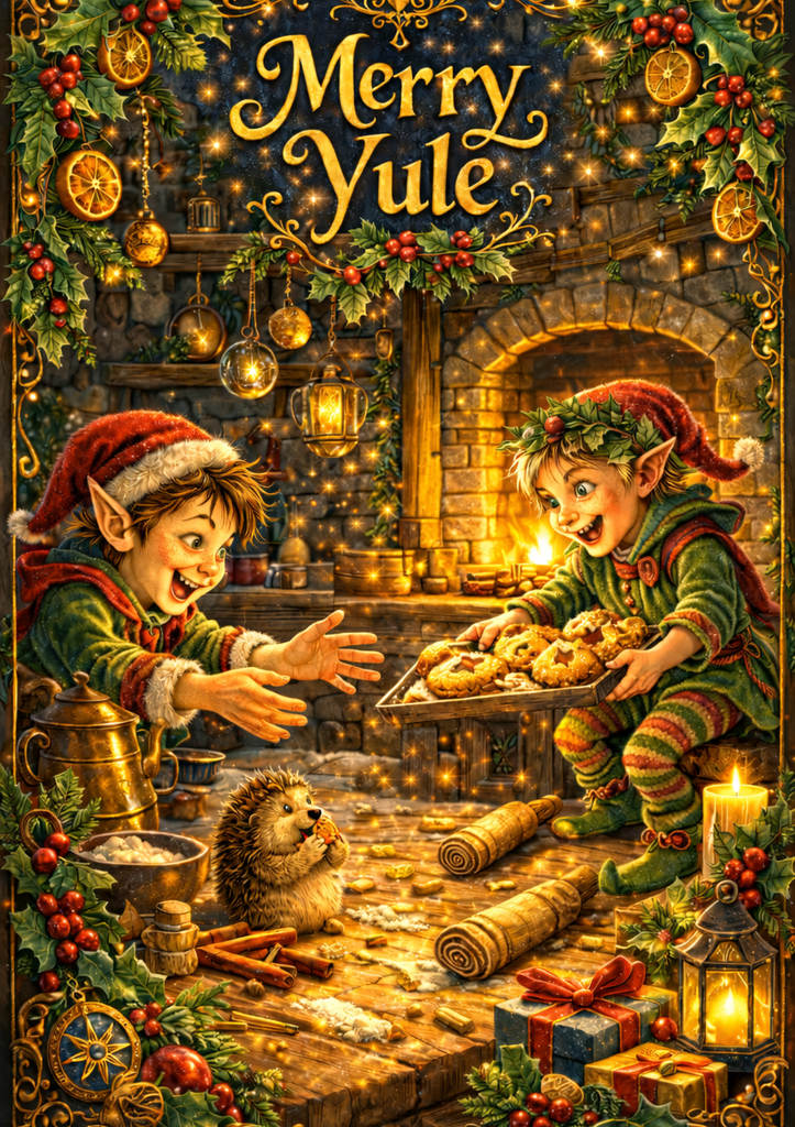 Yuletide Mischief Merry Yule Card by Runa Wolfden