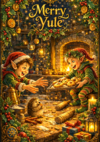 Yuletide Mischief Merry Yule Card by Runa Wolfden