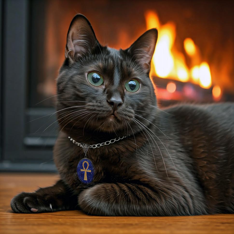 Enchanted Kitty wearing SG10 - Lapis Ankh Symbology Gemstone pendant